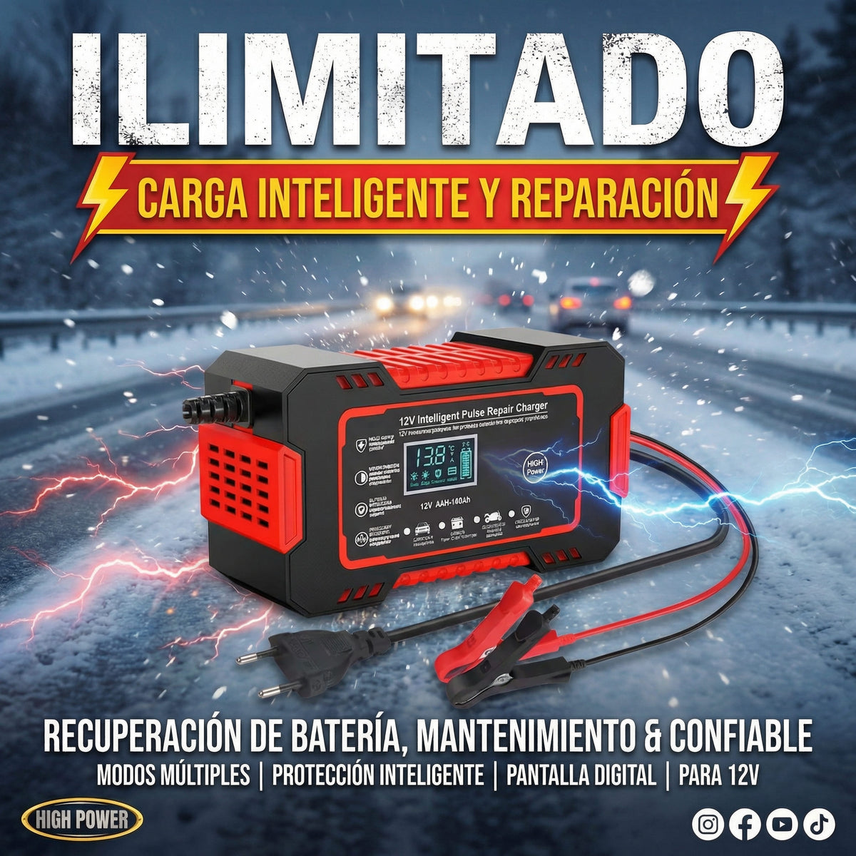 BateryMa™ Cargador Bateria Carro Moto 12v Pantalla