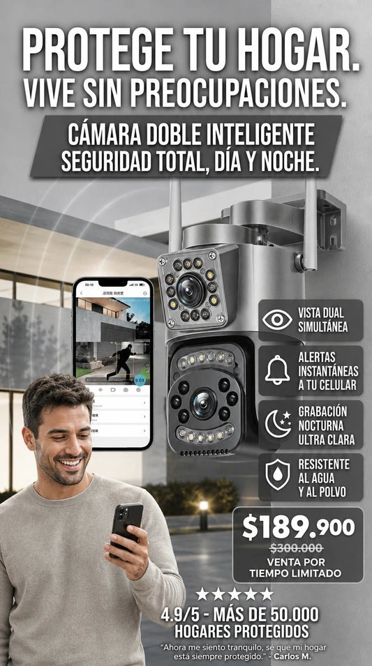 CÁMARA IP EXTERIOR DOBLE LENTE - SEGURIDAD 360°, 24 HORAS
